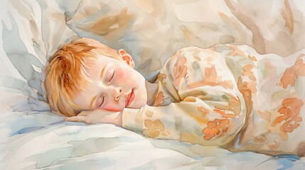 Watercolor painting of a little boy sleeping in bed, elevated elegance, soft and comfortable ambiance, raw and delicate details