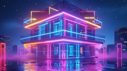 Glowing Neon Triple-Story House at Night