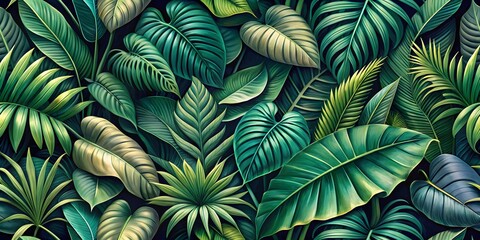 Vibrant Green Leaves Of Various Tropical Plants Create A Lush, Dense Jungle Foliage Seamless Pattern