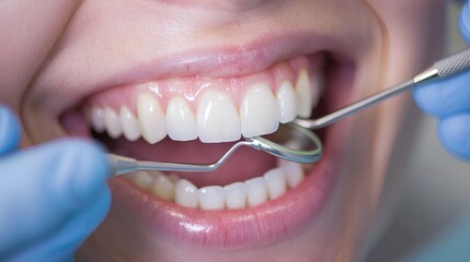 Close up of a female patient smiling with perfect teeth, a dentist using a mirror and tools to check her smile during a dental inspection in the office.