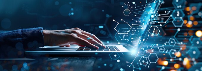 Hands Typing on a Laptop with a Network Visualization
