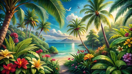 Lush Tropical Island Paradise With Palm Trees, Flowers, And A Sandy Beach.