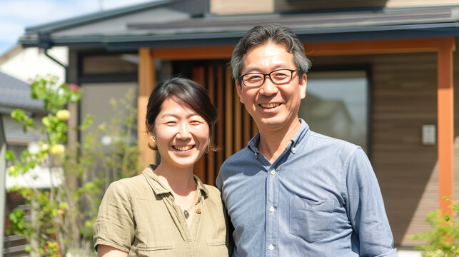 自宅の前で仲良く笑顔で並ぶ夫婦