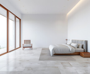 Minimalist bedroom in a luxury apartment bathed with natural lighting coming from a window, with no furniture and copy space. Residential Real Estate concept image.