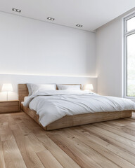 Minimalist bedroom in a luxury apartment bathed with natural lighting coming from a window, with no furniture and copy space. Residential Real Estate concept image.