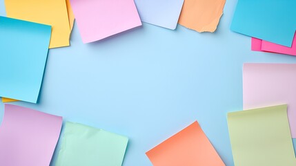 A collection of colorful sticky notes on a blue background, symbolizing note taking and goal setting for a self-mind summit event. A web banner with empty space on the right, in the style of copy spac