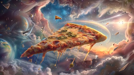Surreal Slice of Pizza Floating in a Dreamy Cosmic Space with Planets and Stars