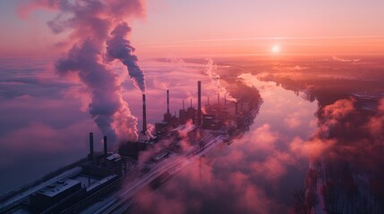 Fototapeta premium Dramatic aerial image of smokestacks at a paper mill emitting pollutants into the early morning air