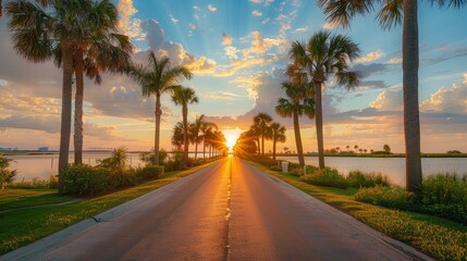 Beautiful palm-lined road by the bay at sunset, raw style emphasizing the natural beauty and vibrant colors of the scene