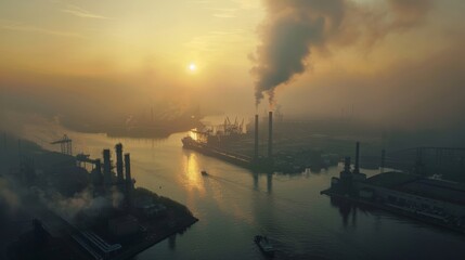 Naklejka premium Drone shot of an industrial harbor with heavy smog hanging over the water at sunrise
