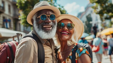 A smiling senior couple wears sunglasses and hats while traveling