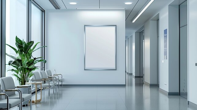a mockup of an empty white poster on the wall in a modern hospital waiting room, with comfortable chairs and advanced medical equipment, showcasing a clean and welcoming healthcare environment