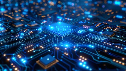 Fototapeta premium This abstract digital background showcases a vibrant blue circuit board with glowing pathways, embodying the spirit of technological progress and innovation. The composition offers ample copy space