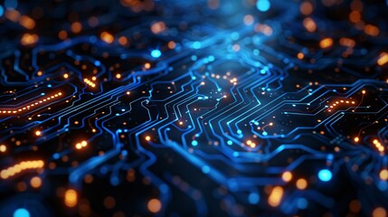 This abstract digital background showcases a vibrant blue circuit board with glowing pathways, embodying the spirit of technological progress and innovation. The composition offers ample copy space