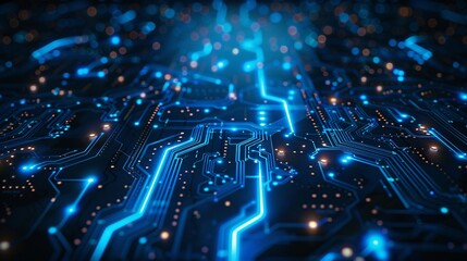 Obraz premium An abstract digital background featuring a glowing blue circuit board, with intricate lines and connections radiating a futuristic vibe. The design symbolizes technology and innovation, with ample