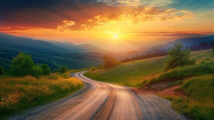 Mountain road disappearing into the horizon, under a bright summer sunset, capturing the essence of solitude, raw and vibrant