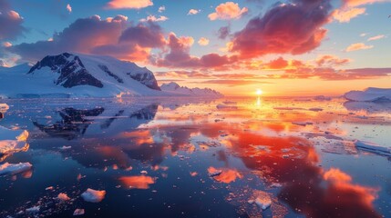 Fototapeta premium Expansive Antarctic view with simultaneous sunset and sunrise, mirror-like reflections on ice, midnight sun's glow, raw style
