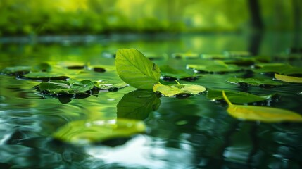 Floating green leaves, gently flying and reflecting on a serene surface, showcasing nature's delicate dance, raw and vibrant