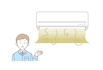 嫌な匂いがするエアコンと困った顔の作業員男性のイラスト