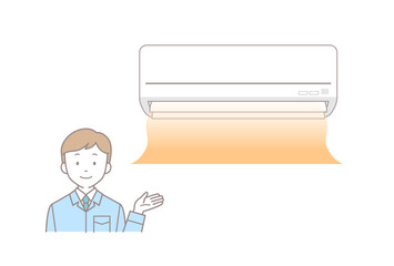 温かい風が出てきたエアコンと作業員男性のベクターイラスト