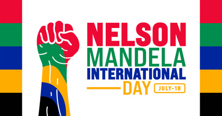 18 July is Nelson Mandela International Day strong hand rising background template. Use to banner, placard, card, and poster design template with text inscription and standard color. vector