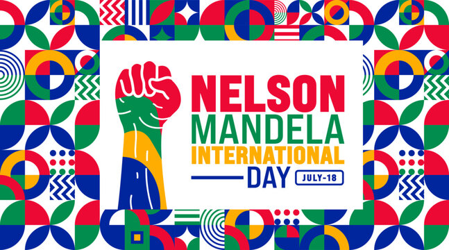 18 July is Nelson Mandela International Day geometric shape pattern and strong hand rising background template. Use to banner, placard, card, and poster design template. - Powered by Adobe