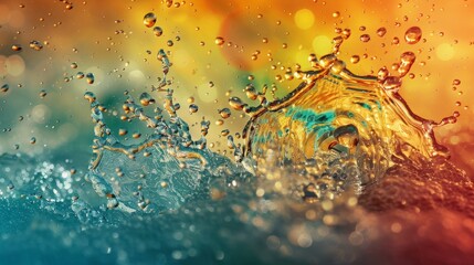 Water splash with disco light illumination creating a glowing effect