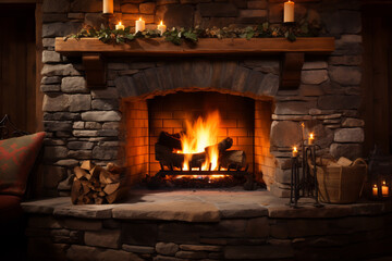 Fototapeta premium Cozy stone fireplace with a roaring fire, surrounded by candles and wood, creating a warm and inviting atmosphere in a rustic living room
