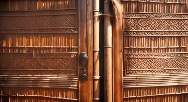 Traditional woven bamboo pattern door with morning sunlight