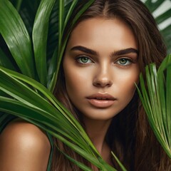Naklejka premium Close up portrait of a woman in foliage nature 