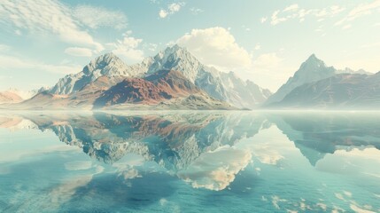 Naklejka premium Mountains beside the sea, futuristic design with a perfect mirror effect, capturing the beautiful reflection, raw texture