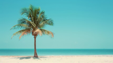 Palm tree standing tall on a sun-kissed tropical beach, clear blue sky overhead, summer vacation vibes, raw and detailed