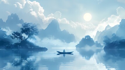 Traditional blue sky and flowing water bridge illustration poster background