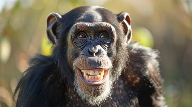 Portrait of a cheerful adult chimpanzee showcasing biodiversity and wildlife conservation