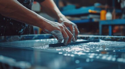 Obraz premium A worker cleaning a screen printing frame with water and a squeegee