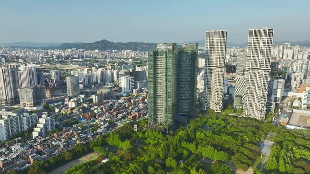 Drone View of Seoul city in South Korea, Hapjeong Station, Hot place, Summer, 60fps