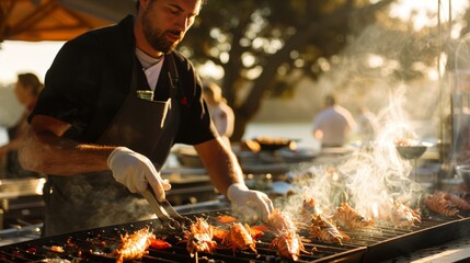 Fototapeta premium The aroma of sizzling seafood fills the air as the chef begins to prepare a flavorful dish right on the grill.