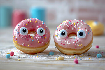 Surprised cute donuts with pop-eyed for menu, cover, or advertisement, celebrating national donut day or fat thursday.