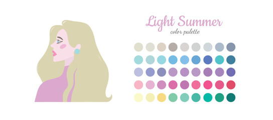Seasonal color analysis. Color guide for stylist, palette for  type. Portrait of a girl in a seasonal color palette. Vector illustration, easy to change color