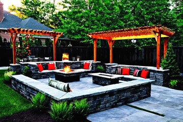 Obraz premium Dreamy summer night at a luxury resort with a wooden patio table and chairs under an umbrella, lit by warm light from bonfire