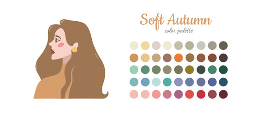 Seasonal color analysis. Color guide for stylist, palette for  type. Portrait of a girl in a seasonal color palette. Vector illustration, easy to change color