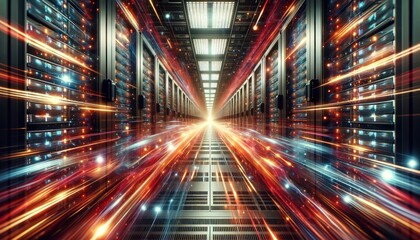 data transfer in a server room with a futuristic perspective. It features streams of digital binary code