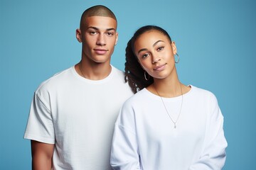 Fototapeta premium A man and a woman are standing next to each other, both wearing white shirts