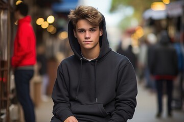 A young man wearing a black hoodie sits on a bench in a busy city street