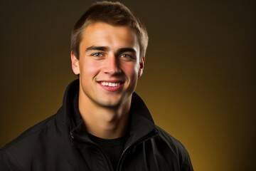 Fototapeta premium A young man with a black jacket and a black shirt is smiling