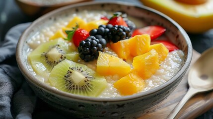 A warm bowl of tropical fruit and ginger congee perfect for a cool morning brunch.