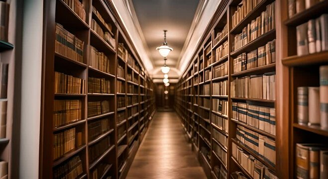 The hallway of the old library is full of wooden shelves filled with antique books