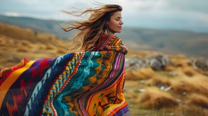 A freespirited individual with a colorful poncho flowing behind them in the blustery breeze.