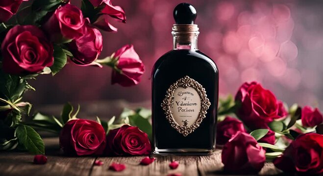Bottle of magic potion with flowers on wooden table. Gothic Valentine