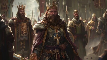 A king in a golden crown and regal robes walks with his court